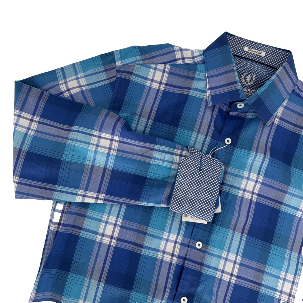 Bugatchi Shirt Mens Size M Blue Plaid Shaped Fit Button Up Long Sleeve